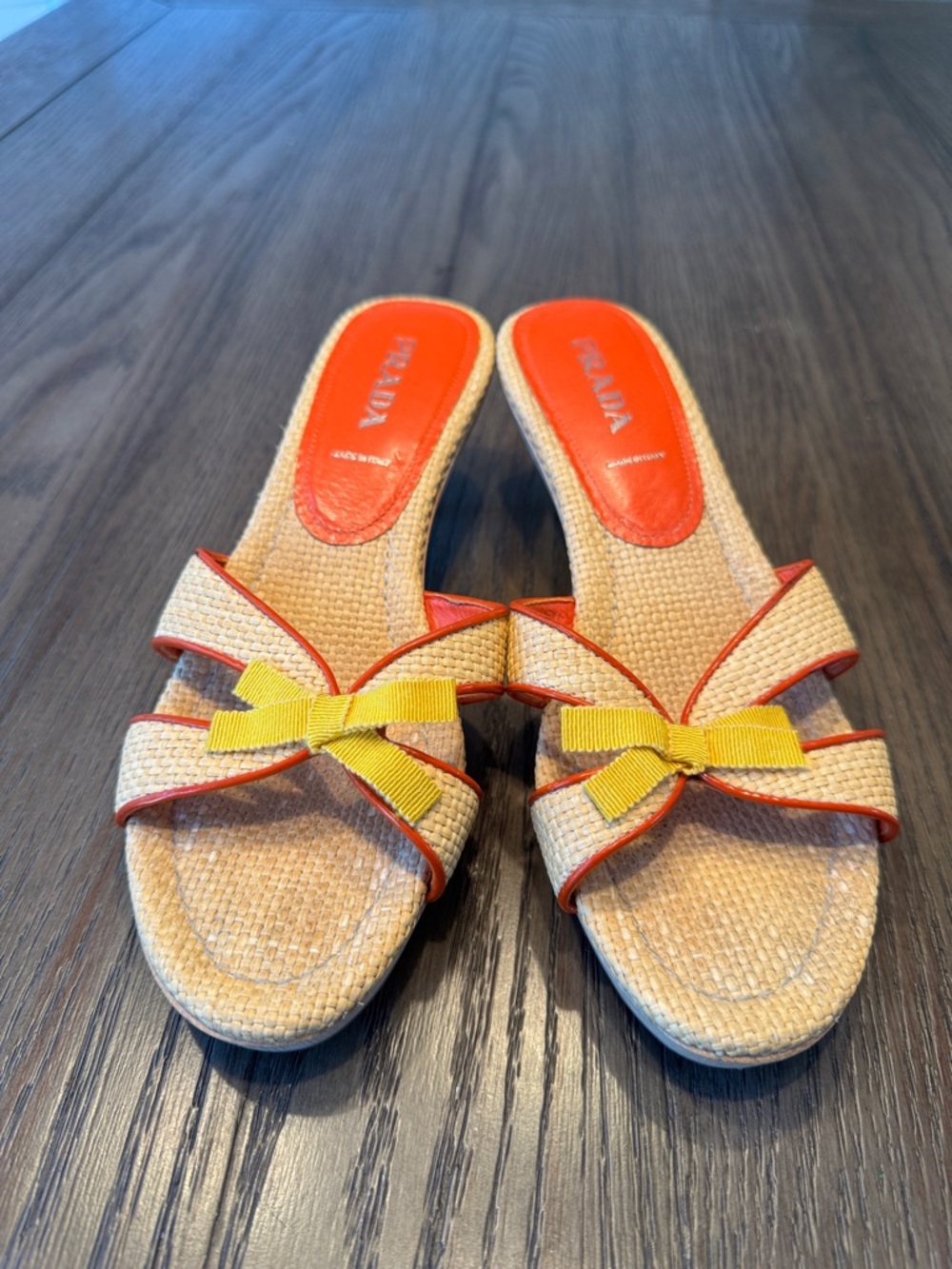 Prada Beige Raffia Slide Mules with Yellow Bow and Coral Trim